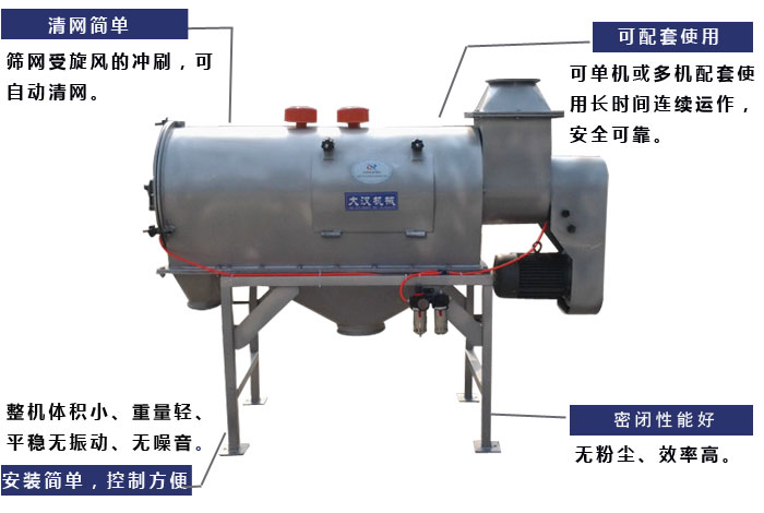 氣旋篩工作原理：篩網(wǎng)受旋風(fēng)的沖刷，可自動(dòng)清網(wǎng)，單機(jī)或多機(jī)配套使用長(zhǎng)時(shí)間連續(xù)運(yùn)作，安全可靠。