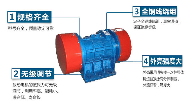 VB振動(dòng)電機(jī)特點(diǎn)：1，規(guī)格齊全：型號(hào)齊全，質(zhì)量穩(wěn)定可靠。2，無極調(diào)節(jié)：振動(dòng)電機(jī)的激振力可無極調(diào)節(jié)，利用率高，能耗小，噪音低，壽命長。4，外殼輕度大：外殼采用消失模一次性整體鑄造替換原有分體制造，外觀好看，強(qiáng)度大。