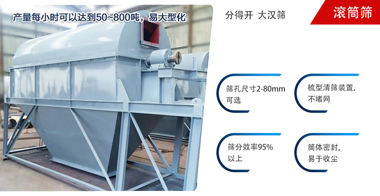 滾筒篩分開放式,封閉式兩種選擇無塵篩分。無軸滾筒：適用生活垃圾等一些有一定纏繞性物料;有軸滾筒：適用石料，砂土等含水量較少的物料