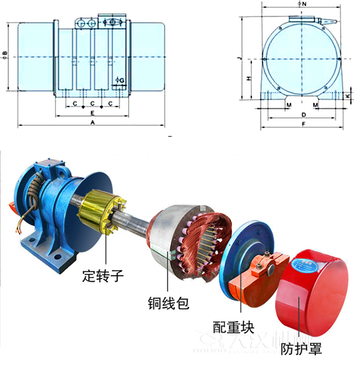 YZS振動電機(jī)內(nèi)部主要部件：定轉(zhuǎn)子，銅線包，配重塊，防護(hù)罩。