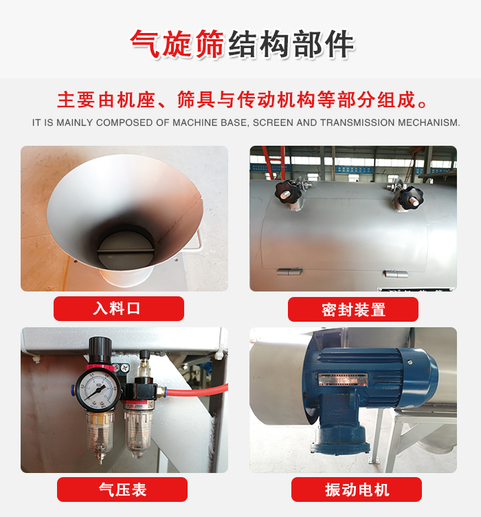 氣旋篩結(jié)構(gòu)：入料口，密封裝置，電機(jī)，氣壓表等